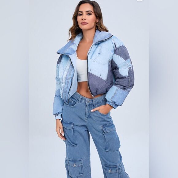 802. JASMINE DENIM PRINT PUFFER - Picture 1 of 6
